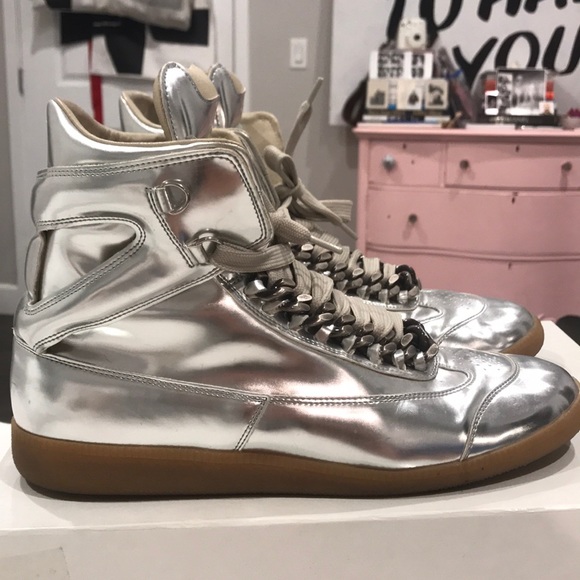 maison martin margiela red & silver high top trainers